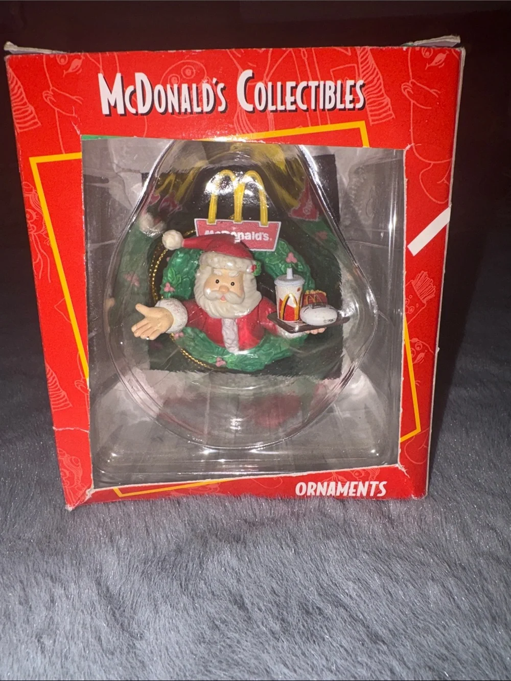 McDonald's Collectibles Ornaments, Santa in Wreath Holding Hamburger Meal 1996